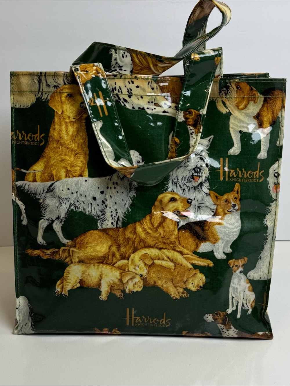 Harrods Logo Green Shopping Tote Dog Print Knightsbridge Labrador Corgi  Bag